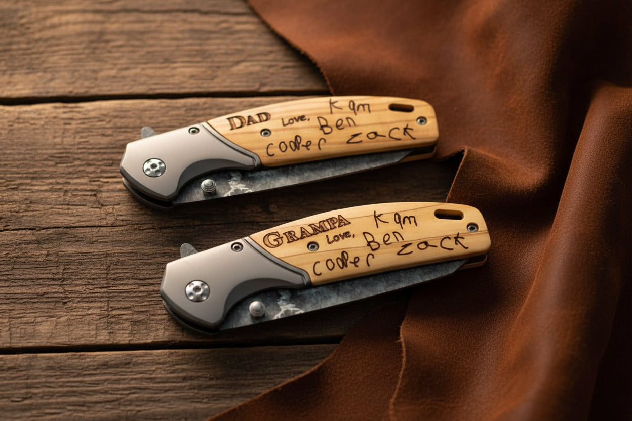 Personalized Engraved Pocket Knife with Olive Wood Handle – Gift for Him