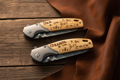 Personalized Engraved Pocket Knife with Olive Wood Handle – Gift for Him