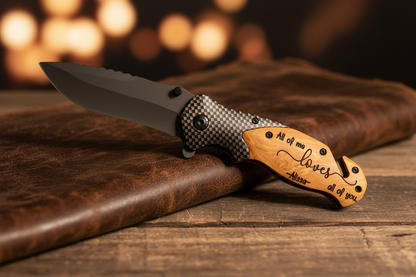 Personalized Engraved Pocket Knife with Olive Wood Handle – Gift for Him